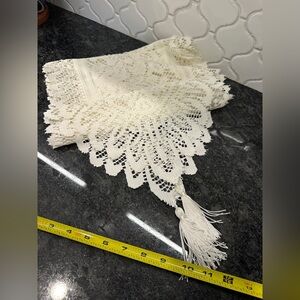 Vintage 72” ecru ivory 72” long Table runner tassel on ends